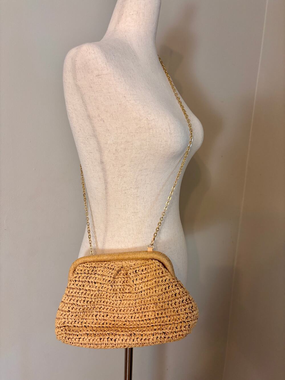 Ming Woven Raffia Gold Chain Crossbody Bag